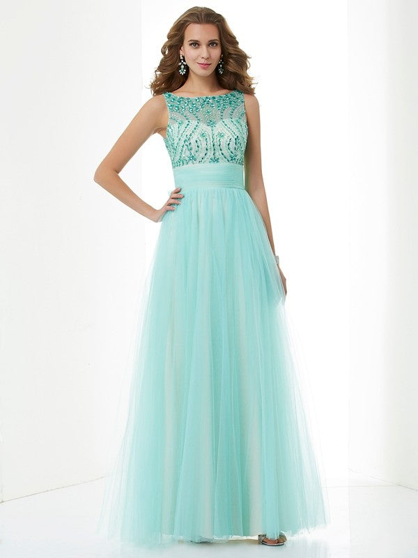 A-Line Woven Satin Bateau Sleeveless Floor-Length With Beading Dresses